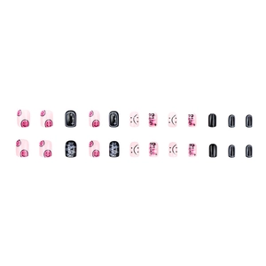 24pcs short square press-on nails with colorful smileys, stars, and pink gradient design