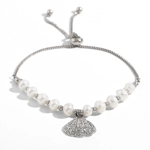 18K gold plated stainless steel pearl shell adjustable drawstring bracelet for women