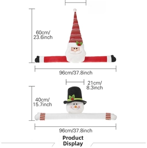 Dimensions for Santa and Snowman tree topper huggers in cm and inches for easy sizing.