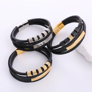 Men Multi-Layer Braided Leather Bracelet With Stainless Steel Magnetic Clasp Knurled Beads Mesh Pattern Punk Jewelry