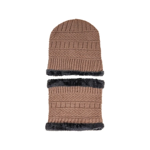 Detail of tan knitted beanie and neck warmer with thick grey faux fur fleece lining
