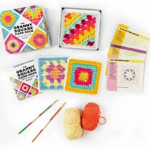 The Granny Square Card Deck with 50 crochet designs, yarn, hooks, and pattern cards
