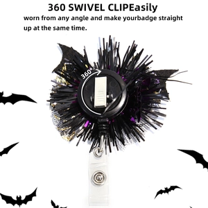 Halloween retractable badge reel with 360 degree rotating alligator clip and pumpkin design