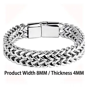Detail view of 8mm wide silver stainless steel curb chain with thick double weave link