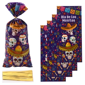 Purple Day of the Dead candy bags with skull patterns and golden twist ties for party favors