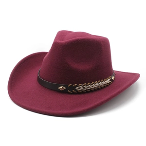 Retro burgundy wool felt cowboy hat with leather braided band and metallic studs