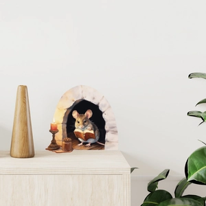 Self-adhesive wall sticker featuring a cartoon mouse reading in a cozy hole with candle