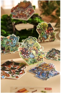 Detail of Chinese ancient architecture stickers featuring pavilions and garden landscape scenes