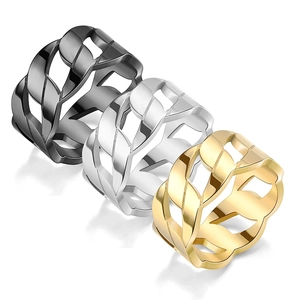 Detailed view of three titanium steel rings featuring a chunky chain-link cutout design