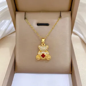 Sparkling Red Zircon Bear Pendant Necklace With Titanium Steel Chain And Copper Micro Paved Luxury Jewelry For Women