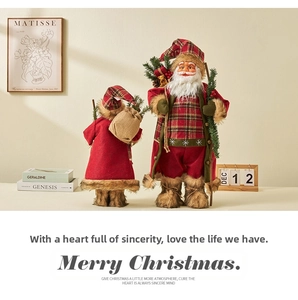 Santa Claus dolls in red plaid outfits with pine branches for festive home decoration