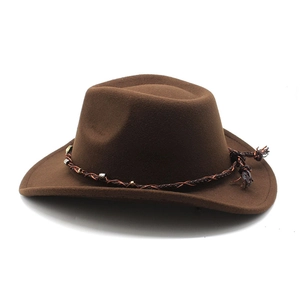 Cappello da cowboy classico in feltro di lana marrone scuro con tesa larga e perline