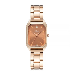 Macro detail of rose gold rectangular watch featuring a coffee brown dial and crystal indices