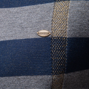 Men's navy blue crew neck sweater with fashion check pattern and knitted texture detail