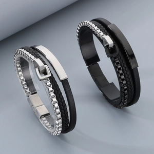 Men's multi-layer braided leather bracelet with stainless steel chain and magnetic clasp