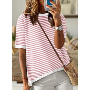 Women's casual knit sweater with pink and white stripes and round neck short sleeves