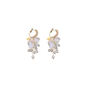Elegant gold flower petal earrings with white pearls and long tassel drop style