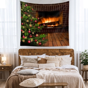 Detailed view of Christmas tapestry showing festive tree and fireplace scene on wall