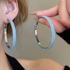 Denim Stoff Geometrische Runde Creolen Mit 925 Sterling Silber Ohrstecker Koreanische Mode Nische Minimalistisches Design