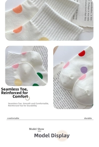 Gros plan sur la pointe sans couture et les pois colorés des chaussettes en coton