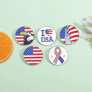 Set of 5 metal American themed badges with eagle, flag and I Heart USA enamel designs