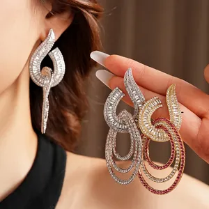 Exaggerated geometric hollow hoop earrings with sparkling diamonds for women