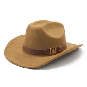 Classic khaki suede western cowboy hat with wide brim and decorative leather buckle strap