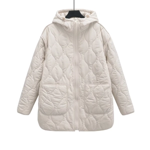 Minimalist cream hooded quilted jacket with wavy stitching and front zipper closure