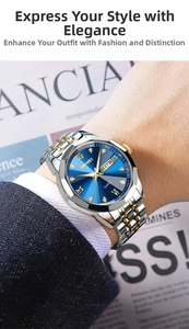 Close-up of SKMEI business watch with blue sunray dial and two-tone steel band