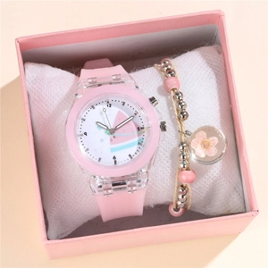 Montre Lumineuse Pour Enfants Et Coffret Cadeau De Bracelet Montre À Quartz Analogique En Silicone À LED Pour Filles