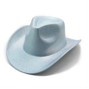 Shiny light blue laser finish western cowboy hat with metallic glitter and curled brim