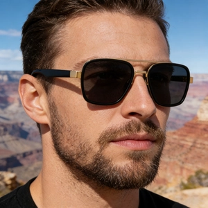 Outdoor close-up of man wearing square polarized aviator sunglasses with black and gold frames