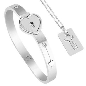 Interlocking heart lock bracelet and key pendant necklace set in polished silver titanium steel