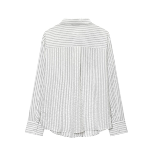 Back view of a striped long-sleeve shirt with textured fabric and classic black stripes