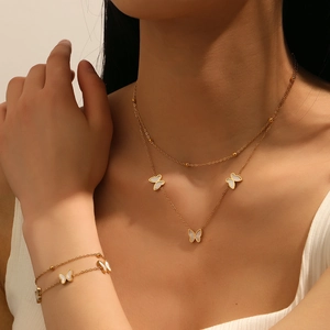 Butterfly White Shell Stainless Steel Double Layer Necklace And Bracelet Fashion 18K Gold Plated Jewelry For Women