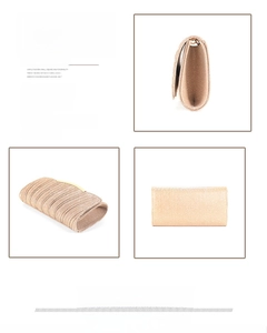 Detailed views of champagne gold pleated evening clutch bag with metal clasp and pearl finish