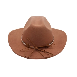 Detail of a brown felt cowboy hat with metallic beaded band and decorative bow