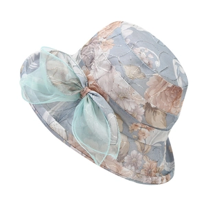 Elegant floral sun hat for women with a large mint green bow and vintage flower pattern