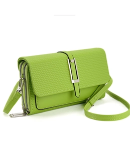 Detail view of bright green crossbody bag with woven texture and double zipper design