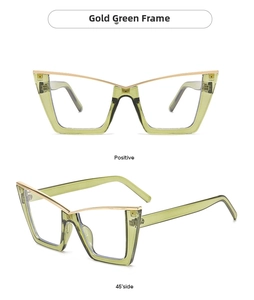 Detailed front and 45-degree view of cat-eye glasses with translucent green frames