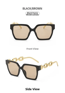 Front and side views of large black square sunglasses with gold chain detail