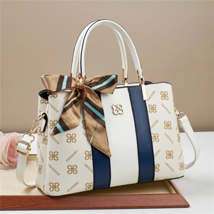 Fashion Women Handbag PU Leather Monogram Print Top Handle With Scarf Decor Detachable Shoulder Strap Casual Crossbody Bag