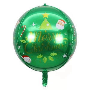 Close-up of a 22-inch 4D green Christmas balloon with Merry Christmas print and festive icons