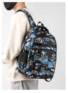 Detail of football print backpack featuring mesh side pocket and adjustable buckle straps