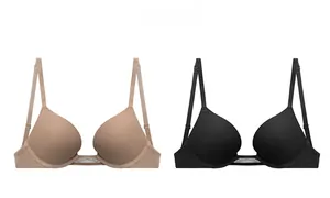 Detail showing deep V seamless bras with rhinestone bridge in black and beige colors