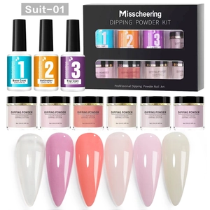 Complete multi-color dipping powder kit with base, activator, and top coat liquid