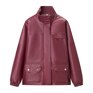 Burgundy faux leather utility jacket with stand collar and large flap pockets