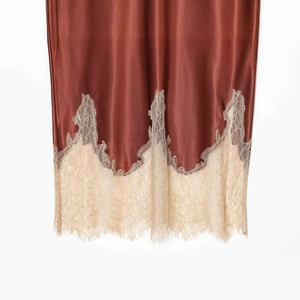 Elegant deep reddish-brown satin midi skirt with cream lace trim hem for women