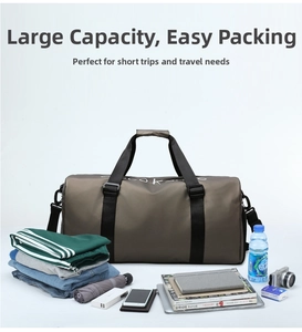Brown canvas travel bag showing large capacity with clothes, camera and gear