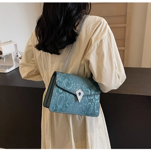 Detail of teal snakeskin crossbody bag with silver chain and crystal rhombus buckle